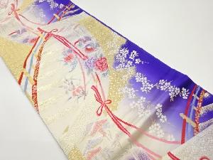 橋に几帳・鴛鴦・草花模様織出し袋帯